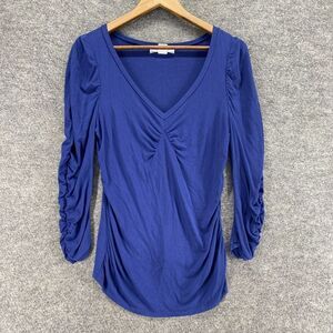 5/$45 August Silk Blouse Women L Large Blue V-Neck Long Sleeve Pullover Rayon